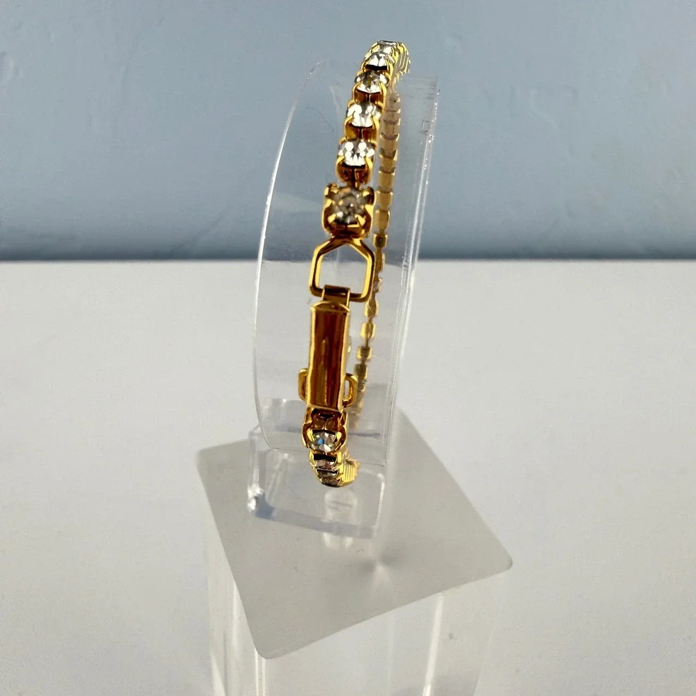 Vintage Gold Tone Rhinestone Tennis Bracelet Costume Jewelry Mid Century‎ Chic